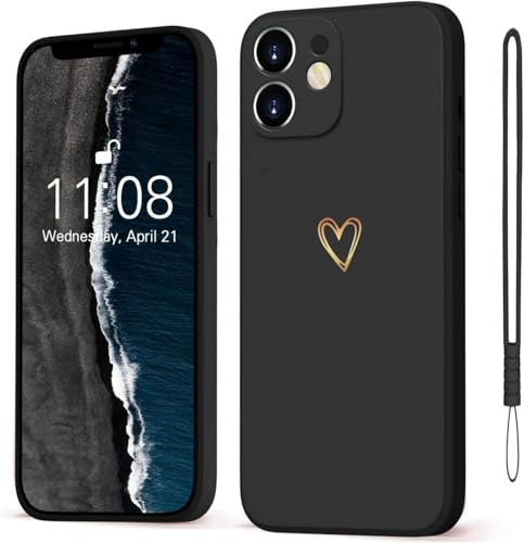 Mitetabo Hülle für iPhone 12 Handyhülle Gold Liebesher Silikon, iPhone 12 Case Mädchen Weich Slim Stoßfest Kratzfeste Süßes Gold Love Schutzhülle für iPhone 12 6.1 Schwarz