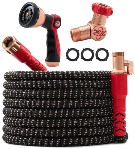 Pocket Hose Head UV w/Pocket Pivot, Expandable Garden Hose 100 FT w/10 Pattern Thumb Sprayer AS-SEEN-ON-TV 650psi 3/4in Ultra-Light Solid Copper Anodized Aluminum Fittings No-Kink No-Lead, Black