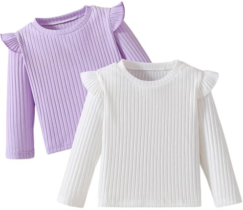Xumplo Toddler Girl Long Sleeve Ruffle T-Shirt Children Crew Neck Ribbed Top Blouse Little Girls 2-Pack Tees Jumper Clothes 2-3 Years (White/Purple)