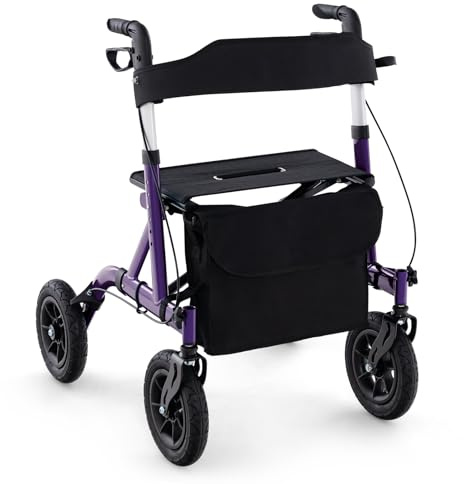 RELAX4LIFE Rollator Faltbar Leichtgewicht, 2 in 1 Rollstuhl Reiserollator, Gehwagen 6-fach Höhenverstellbar, Laufhilfe mit 2 Bremsen Stockhalter Tasche, Aus Aluminium bis 136 kg (Lila)