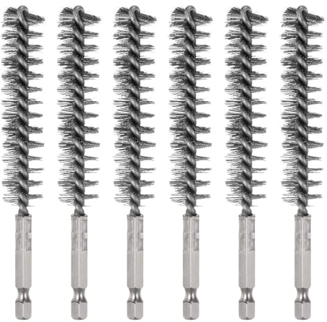 sourcing map 6Pcs 304 Stainless Steel Bore Brush 16mm Dia 4.5 Long Cleaning Twisted Wire Brush with Handle 1/4 Hex Shank for Tubes Ports Bearings, Silver