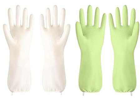 Vyloky Spülhandschuhe Extra Lang (2 Paar) - Wasserdicht & Rutschfest mit Griffnoppen, Hitzeschutz für Küche, Putzen, Gartenarbeit (WT-GR,L)