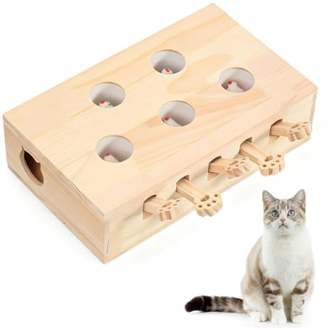 Peelanmall Giocattoli interattivi per gatti in legno – Puzzle Box con topi, gioco a talpe, giocattolo per l'allenamento intelligenza con 5 fori, gioco per graffi e caccia per gatti, allenamento indoor