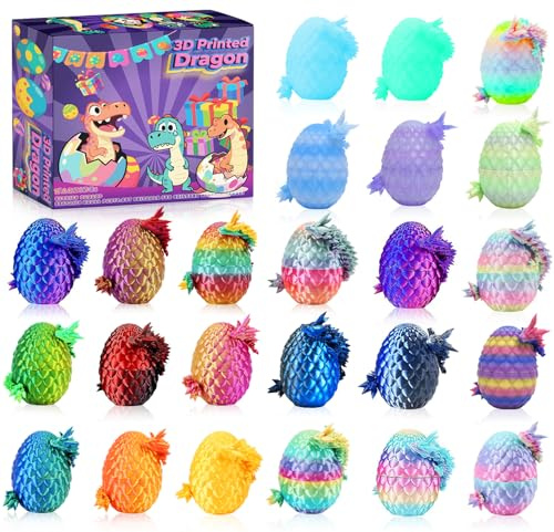 24PCS 3D Printed Dragon Eggs with Dragon Inside, Mini Animals Party Favors for Kids, Flexible Articulated Crystal Collectibles for Adults Teens Boys, Easter Advent Calendar Easter Basket Stuffers