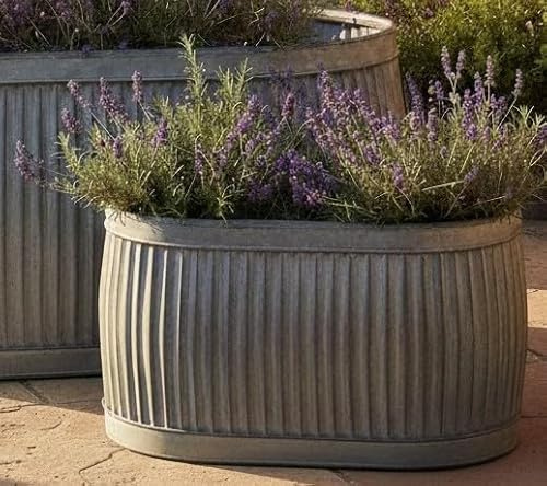 My Square Mile Vintage Galvanised Metal Oval Dolly Planter, Small 38cms | Zinc Finish, Garden Trough, Available in 3 Sizes, Outdoor Flower Pot