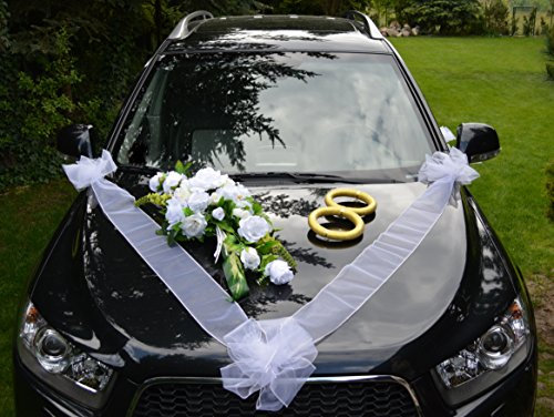 Autoschmuck Autodeko Hochzeit Dekor Verschiedene Variante Komplett (Basis + Mini-Ringe, Blumenstrauß - Weiß Groß)
