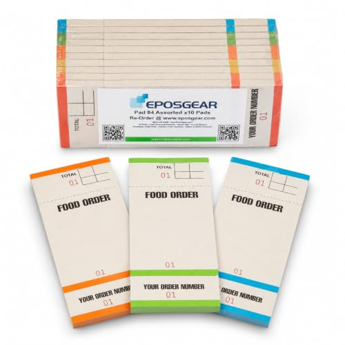 EPOSGEAR PAD84 Food Order Pads Single Copy Two Perfs Tear Off Customer Slip Numbered 1-100 Coloured Waiter Pads Restaurant Cafe Pub Takeaway 63mm x 152mm (Pack of 10)