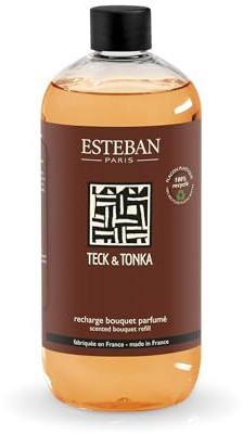 Esteban - Raumduft Nachfüller 500 ml - Raumduft Nachfüllflasche - Duftstäbchen Nachfüller für Duftbouquet, 2-6 Monate, Pflanzlicher Alkohol, Recycelte Flasche - Teakholz & Tonkabohne