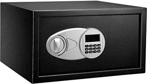 Amazon Basics Tresor aus Stahl, Sicherheit für Zuhause, mit digitaler Tastatursperre – für Bargeld, Schmuck, Ausweise, Dokumente, 28 l, 43 cm x 37 cm x 23 cm (B x T x H), Schwarz