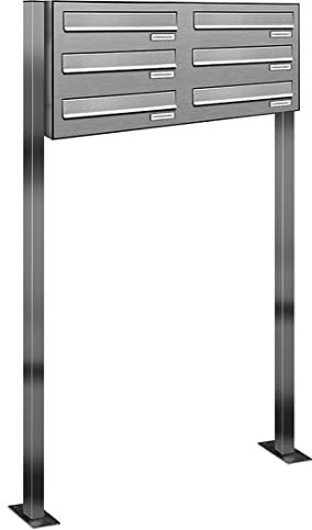 AL Briefkastensysteme 6er Edelstahl Durchwurfbriefkasten, Standbriefkasten modern, 6 Fach Briefkastenanlage V2A Edelstahl Postkasten