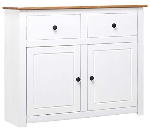 vidaXL Massivholz Panama-Kiefer Sideboard mit 2 Schubladen 2 Türen Kommode Beistellschrank Mehrzweckschrank Anrichte Schrank Weiß 93x40x80cm