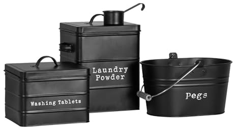 Harbour Housewares Vintage Metal Utility Room Storage Canisters – Set of 3 – Laundry Powder, Washing Tablets & Pegs – Black Powder-Coated Steel with Airtight Lids & Wooden Grip Handle