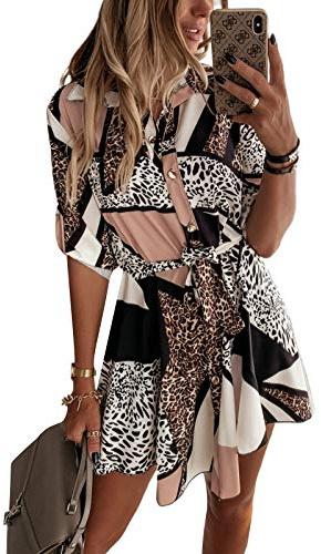 Loalirando Abito Donna Maniche Lunghe Stampa Leopardato Camicia Elegante Donna Ufficio Casual Cerimonia (Multicolore, S)