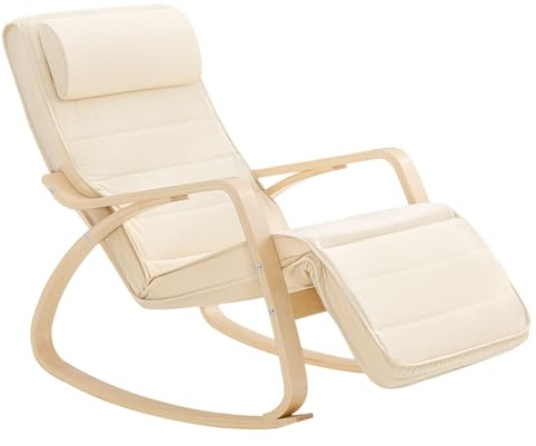SoBuy Mecedora con Cojín, Silla Mecedora con Reposapiés Ajustable y Reposacabezas - Relajante Sillon, Beige FST16-W