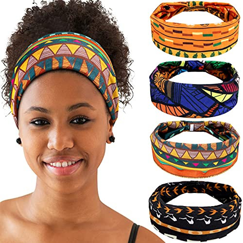 Afrikanische Haarbänder, 4 Stück, dehnbar, breit, geknotet, afrikanisches Haarband, Haarschmuck für Frauen und Mädchen (Vintage-Serie)