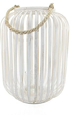 BOURGH Laterne Bambus VILLAPIANA - Natur Holz Windlicht, weiß, 42 cm hoch, mit Henkel, Kerzenhalter Windlicht Glas - Geeignet als Balkon Deko und für Garten, Terrasse und Wohnung