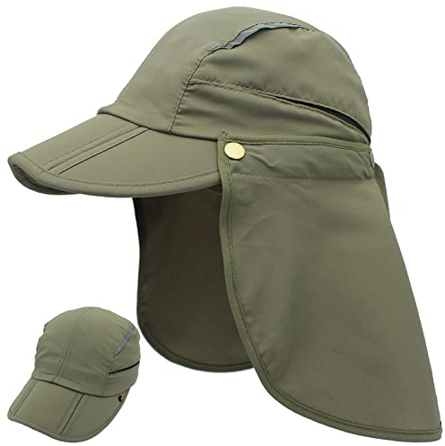 Huakunda Sombreros para El Sol Hombre Mujeres UPF50+ Sombrero Verano Protector De Cuello Desmontable Gorras Béisbol Proteccion Solar Gorra Transpirable Protección UV Protege, Ejercito Verde, L