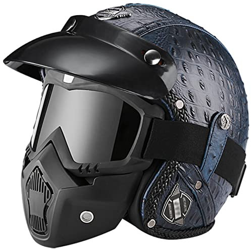 Motorrad-Jethelm mit Maske und Brille Retro-Jethelm mit Abnehmbarer Krempe ECE-zugelassener Schutzhelm für Erwachsene Halbschutzhelm für Männer und Frauen Cruiser Chopper 11,S(55-56CM)