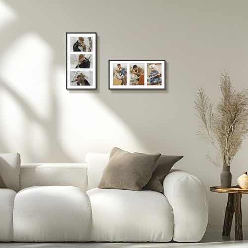 Frametory - 7x14 Aluminum Collage Picture Frame - Display 4x6 Pictures with 3 Openings Mat - Real Glass Front - Horizontal/Vertical Wall Mount - Black 1 Pack