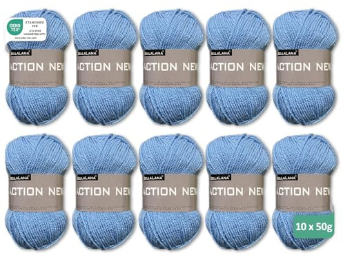 BellaLana Wolle Action New, Allzweckgarn, Stricken, 10x50gr, Hellblau | 100% Polyacryl-Garn, weich, angenehm & pflegeleicht - Lauflänge ca. 133m - Nadelstärke 3-4 - für Pullover, Schals, Decken