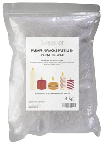 Monster24 - Paraffinwachs Pastillen 3 Kg für Kerzen, Tischfeuer etc. weißes Kerzenwachs zum Gießen und Nachfüllen eigener Kerzenkreationen, Wachs Granulat Pastillen für Gartenfackeln Schmelzpunkt 56°C