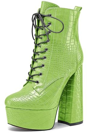 Aachcol Donna Chunky Blocco Alto High Piattaforma Tacco Heel Rotonda Punta Stivaletti Lacci Ballo Dress 15 CM Heels Verde Mela 37 EU