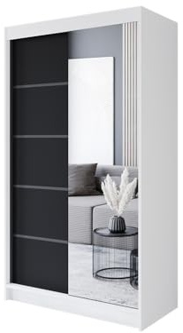 Easy4You P3 120 cm Weiß/Schwarz Schiebetüren Kleiderschrank 120x200x58 cm mit Spiegel - Schlafzimmermöbel, Aufbewahrung - Mehrzweckschrank