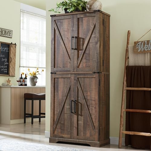 ACCOHOHO 72 Tall Kitchen Pantry, Farmhouse Storage Cabinet with Barn Doors, Organizer, Drawer and Adjustable Shelves, Rustic Wood Cupboard for Kitchen, Dining Room, Bathroom, Rustic Brown