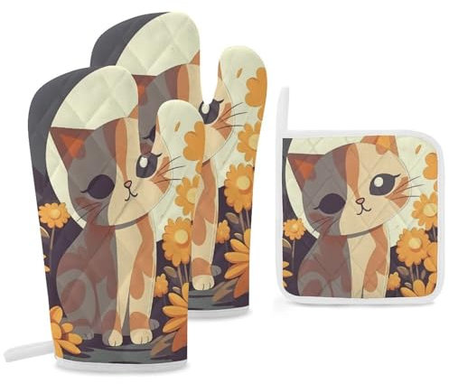 Lot de 3 gants de cuisine et maniques résistants à la chaleur de 287,8 °C - Gants de cuisine et maniques pour barbecue - Motif chat et fleur