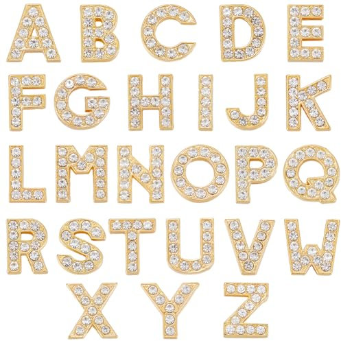 SUNNYCLUE 1 Box 26 Stück 26 Stile Strass Alphabet Perlen Charms Goldene Kristall Buchstaben Charms Metalllegierung Schieber Voller Strass Art 3D AZ Perlen Charm Für Die Schmuckherstellung DIY Halskett