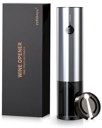 YYDSBAYS Electric Wine Bottle Opener Automatic Corkscrew Professional for Wine Lovers Luxury Gift (Stainless Steel Silver, Opener with Foil Cutter, Gift Box, Rechargeable, One-Touch)