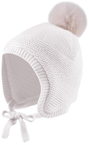 XIAOHAWANG Caldo Earflap Baby Beanie Ragazza Ragazzo Beanie Bambino Inverno Molto Piccolo Carino Pom Pom Cappello con Pile (0-6 Mesi, Berretto Bianco)