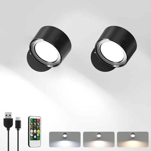 LED Wall Lights with Remote, 2 Pcs Rechargeable Wall Mounted Reading Sconces Lamp 3000mAh, 3 Colors & Dimmable Magnetic 360° Rotation Wall Lighting Spotlights for Bedroom Bedside