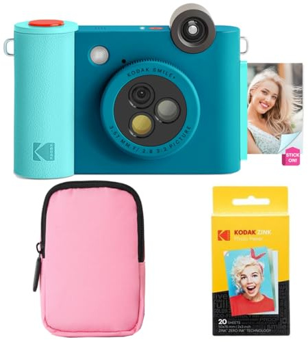 KODAK Smile+ 2-in-1 Fotocamera & Stampante Foto Bluetooth - Pacchetto Iniziale + Custodia Morbida + Carta Zink 20pz - 10MP - Blu