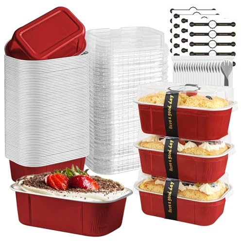OBXMLFY mini loaf pans with lids and spoons 50 Pack,5.5 oz Rectangle mini individual cake tins Disposable Small Aluminum Foil Baking pans(50, Red)