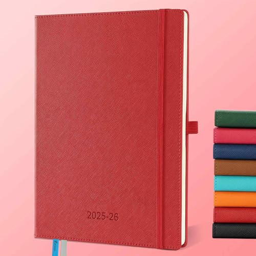 IN-LUXPRO Kalender 2025 2026 Wochenplaner,18-Monate Buchkalender (Jul.2025-Dez.2026) Monatskalender mit Ausgaben & Notizseiten A4(29x21,5 cm),mit Vegan-Leder & Notizseiten,Rot.