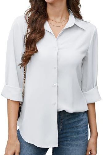 Stamain Camisa Blanca Mujer Manga Larga Blusa Elegante Casual con Cuello en V y Botones Camisa de Informal Trabajo Color Sólido M