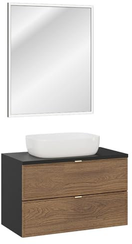 Lomadox Waschplatz-Set 2-teilig mit 80 cm Waschtisch und LED-Spiegel in Eiche und schwarz, Aufsatzwaschbecken weiß