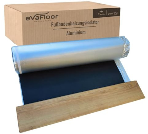 EVAFLOOR Pack 2 Aislante Suelo Laminado Radiante Aluminio 1x20 metros | Base Aislante Suelo Laminado | Fabricado con Base de Eva 2mm + Lámina Aluminio | Incluye Adhesivo