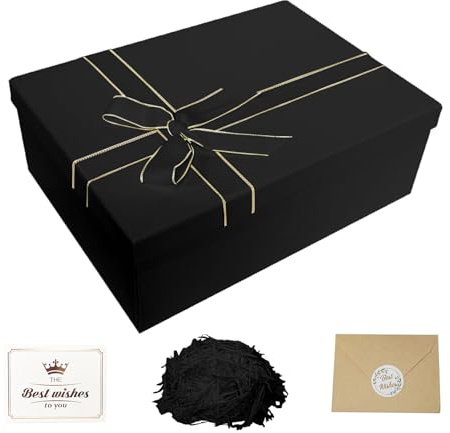 Guartinx Geschenkbox Mit Deckel Groß 33x25x12, Schwarz Geschenkbox mit Schleifen, Raffia, Grußkarten, Geschenke Box Set für Geburtstage Hochzeiten Valentinstag Muttertag Halloween Weihnachten(L)