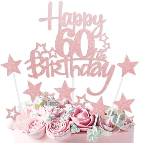 mciskin Rose Gold Happy 60th Birthday Cake Toppers,60th Birthday Decorations for Women,Personalised Cake Topper Rose Gold Glitter Star Cupcake Toppers for Girls Women Party Decorations Supplies