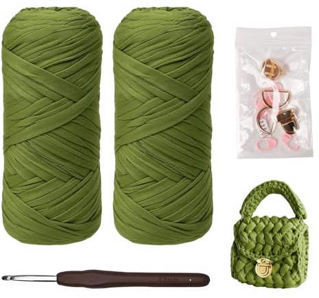 KINDPMA 2er Textilgarn zum Häkeln 400G Grünes Dickes Garn für DIY Taschen Körbe Teppiche Heimdekorationmit mit 6mm Häkelnadel und andere Zubehör