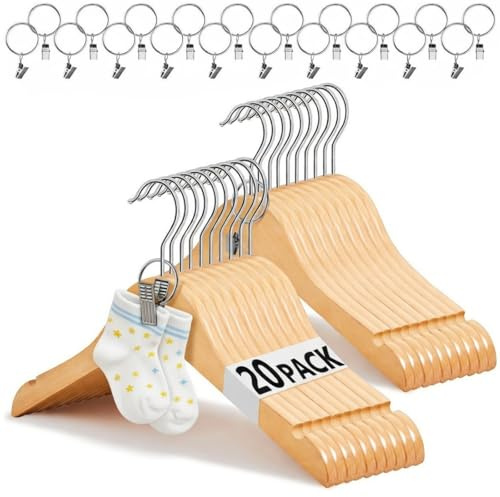 BrightRow 20 Pcs Wooden Kids Baby Clothes Hangers with Metal Ring Clips 12.6 Wooden Shirt Coat Hangers with Notches and Anti Rust 360 Swivel Chrome Hook for Kids Children Toddler Clothes