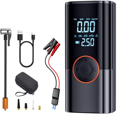 Tragbar Luftkompressor mit Starthilfe Powerbank, elektrische Luftpumpe, 150 PSI Kompressor, mit LED Taschenlampe, Auto Starthilfe für Autos, SUVs und LKWs (8000mAh)