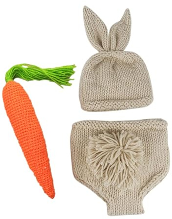 Newborn Rabbit Photography Costume Woolen Outfit Props | Crochet Clothes, Baby Shower Use, 3 Piece Set with Hat Carrot and Trousers