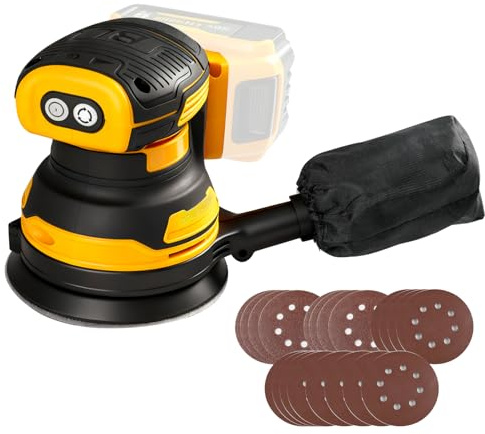 Exzenterschleifer, Akku-Rundschleifer kompatibel mit 18V 20V DEWALT Akkus, bürstenloser Motor, 11000 U/min, inklusive Staubbeutel, Absaugung und 20 Schleifpapieren zum Schleifen und Polieren