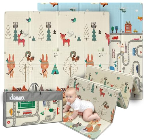 KIDIMAX Krabbelmatte Baby & Kinder 200x180x1 cm – Faltbare Spielmatte/Spielteppich, BPA- & schadstofffrei, beidseitig, rutschfest, wasserdicht, tragbar – Spielunterlage für Innen & Outdoor, Muster 2