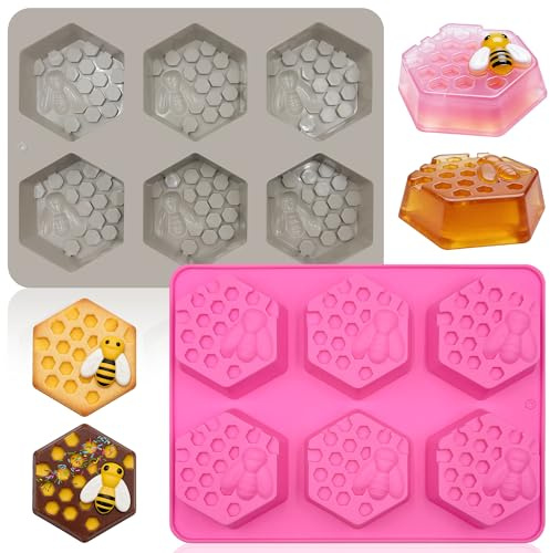 Firleayo 2 Pcs Bee Silicone Molds Bee Soap Molds Honeycomb Chocolate Mold Honeycomb Cake Mold Honeybee Soap Moulds Beehive Ice Cube Tray for Desserts Pudding DIY Wax Melts Candle Beeswax
