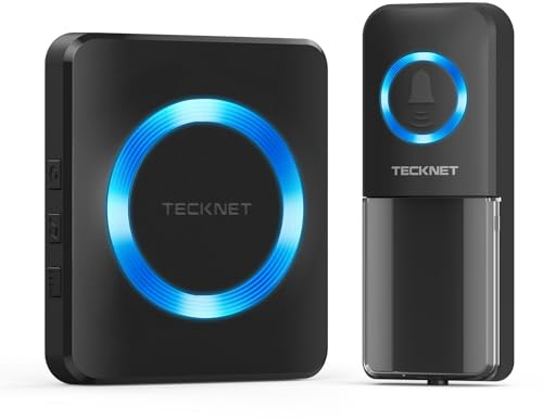 TECKNET Wireless Doorbell, IP65 Waterproof Plug-in Doorbell,Black | Battery Operated Push Button, Door Bells Wireless Cordless Door Chime Kit, up to 400m Long Range,60 Chimes and Blue LED Flash