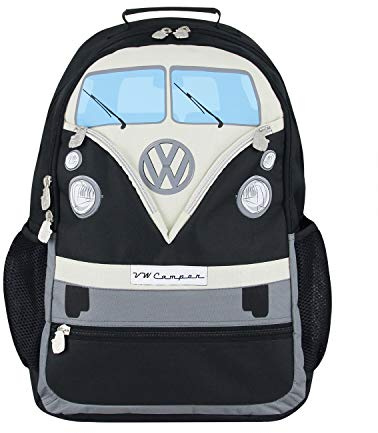 BRISA VW Collection - Volkswagen Wander-Laptop-Tages-Schul-Rucksack im T1 Bulli Bus Design (30l/Groß/Bus Front/Schwarz)